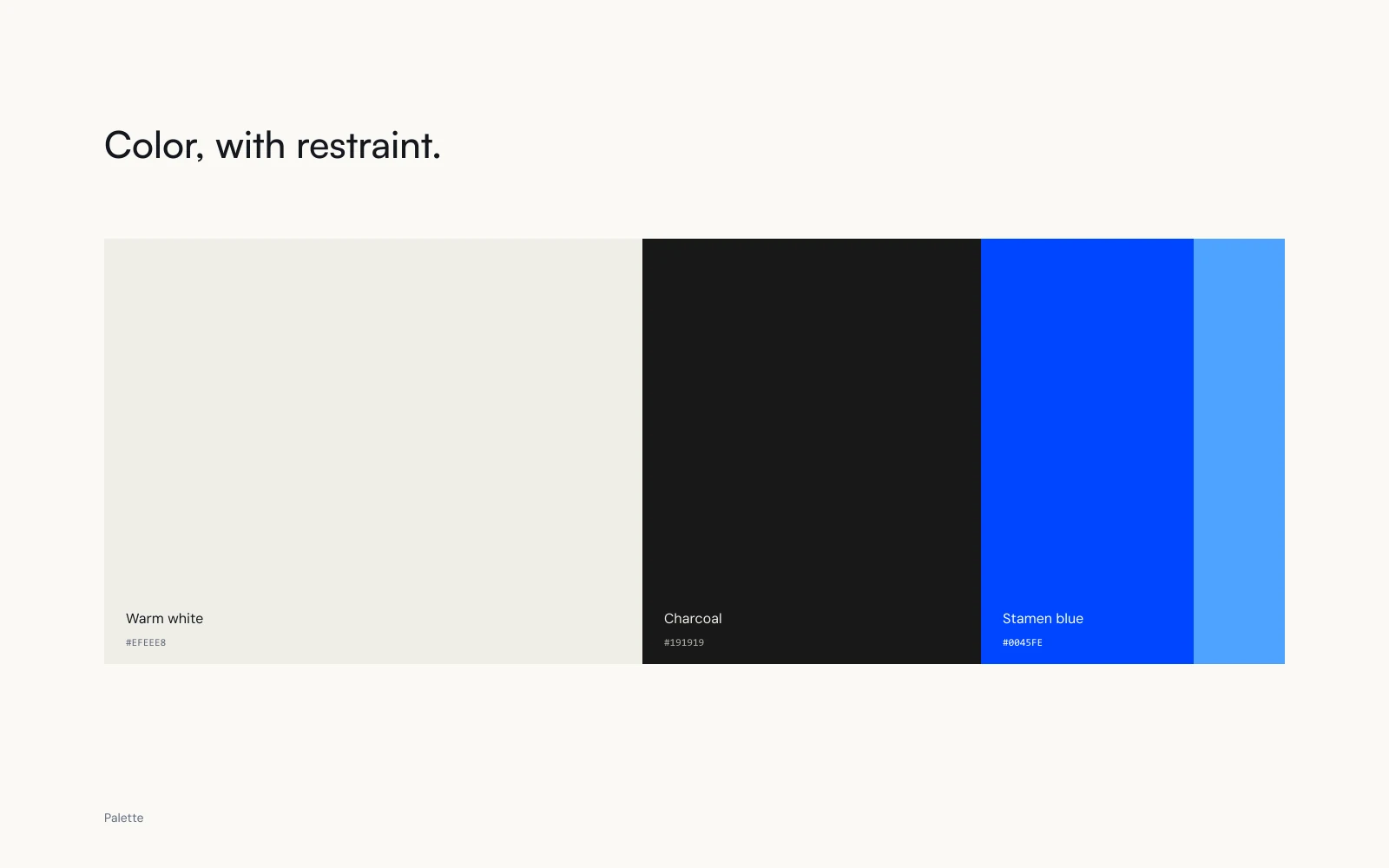 Stamen Solutions website palette with warm white, charcoal and two blue accents.