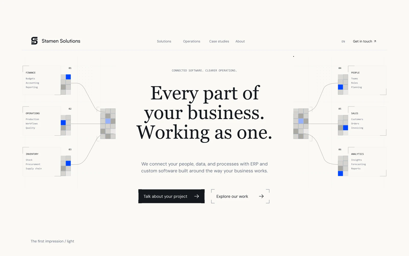 Stamen Solutions — The homepage in light mode, with the business systems arranged around its central message.