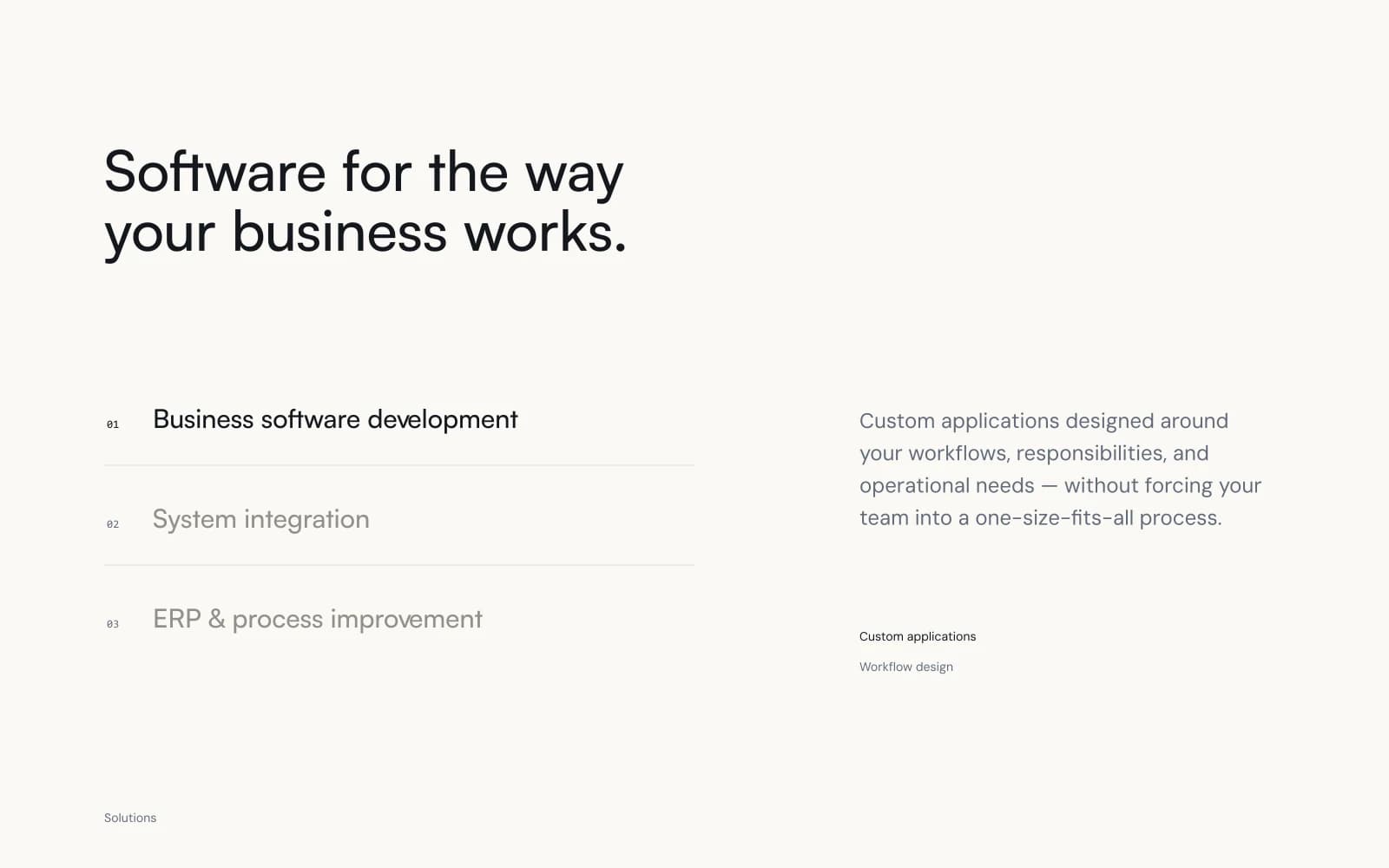Stamen Solutions — Custom software, system integration and ERP improvement, each with a clear introduction.