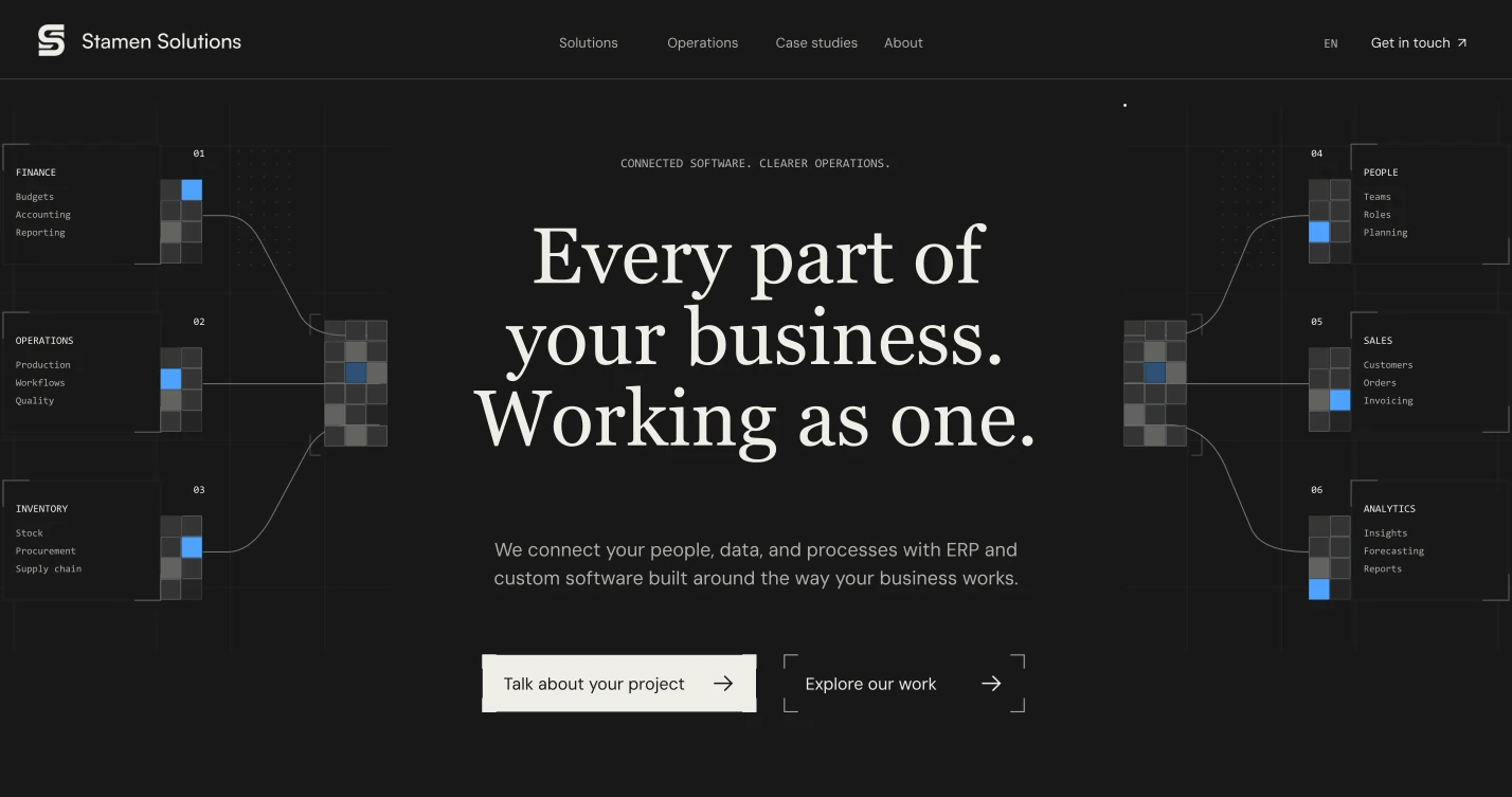 Stamen Solutions homepage with editorial typography and a diagram connecting business departments, data and systems.